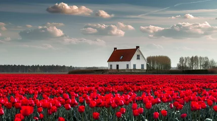 Rolgordijnen House with red tulip fields stock photo © JetHuynh