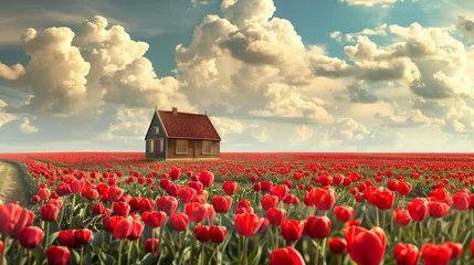 Fotobehang House with red tulip fields stock photo © JetHuynh