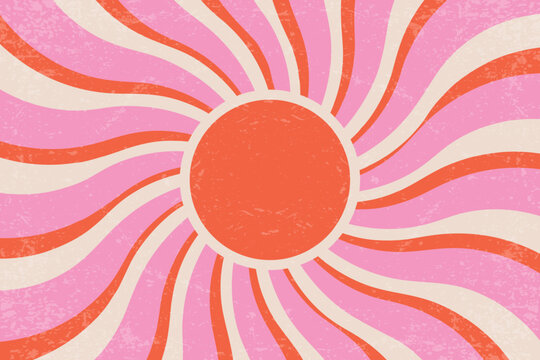 Retro summer sun background. Vector groovy sunshine wavy rays in vintage grunge design. 70s radial poster. Modern illustration.