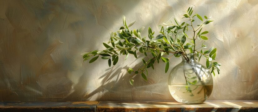 Plants' ruscus branches are arranged in a vase of water for a lovely spring morning still life.