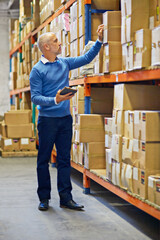 Boxes, tablet or man in factory for stock or logistics info for a delivery order by shelf in...