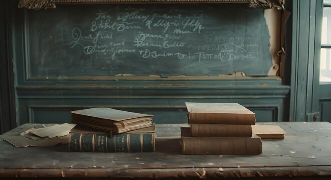 Teacher's chalk and books on a classic wooden desk