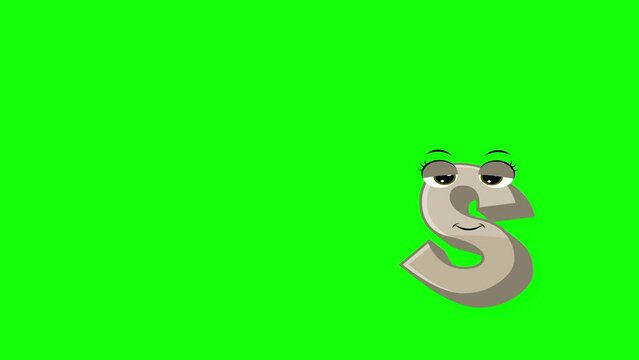 Cartoon style letter s 2d animation with green screen background, s alphabet dancing letters for little kids