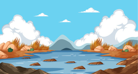 Vector illustration of a tranquil mountain lake scene