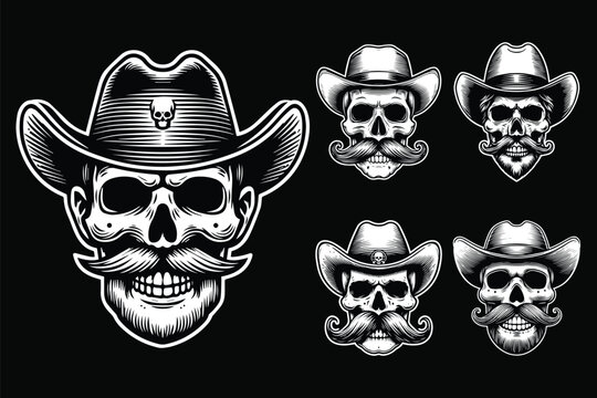 Dark Art Cowboy Skull Head with Hat Black and White Illustration