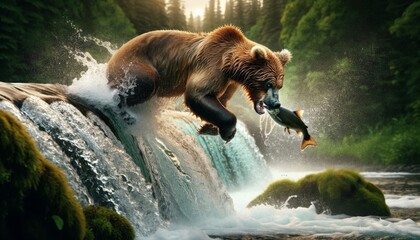 A detailed image of a brown bear catching a salmon in its mouth mid-leap over a small waterfall, with water splashing dramatically around them.