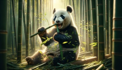 A detailed image showcasing a panda sitting in a bamboo grove, playfully biting a bamboo stalk with leaves scattering around as it shakes its head.