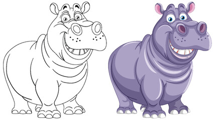 Outlined and colored happy hippo illustrations