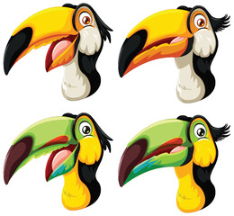 Four vibrant toucan head illustrations in vector format.