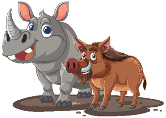 Cartoon rhinoceros and wild boar standing together