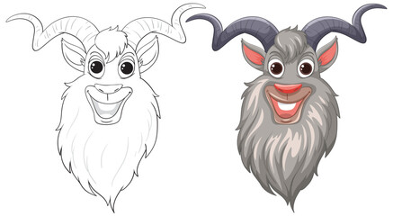 Two smiling goat faces with different expressions.