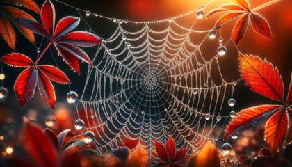 Close-up of dew drops on a spider web strung between autumn-colored leaves during a crisp morning. - obrazy, fototapety, plakaty