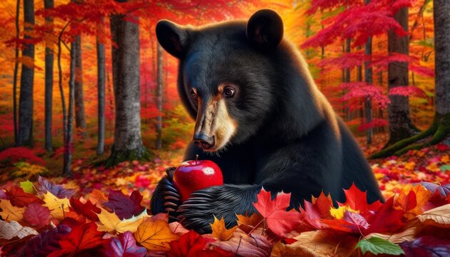 A detailed image showcasing a black bear sitting among fallen autumn leaves, attentively holding and examining a bright red apple with its paws.