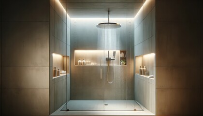 The image features a contemporary shower area with a minimalist design, showcasing a large, clear glass partition.