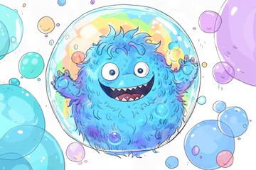 Fototapeta na wymiar artoon cute doodles of a blue monster with fluffy fur and a big grin, floating in a bubble filled with rainbow-colored soap bubbles, Generative AI