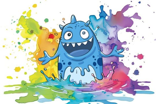 Cartoon cute doodles of a blue monster with polka dots and stripes, happily splashing in a puddle of rainbow-colored paint, Generative AI