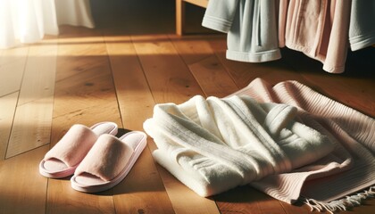 An image of a pair of soft, pastel-colored slippers next to a white, fluffy bathrobe laid out on a wooden floor. - obrazy, fototapety, plakaty