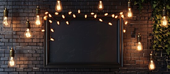 Black antique poster frame with classic light bulbs on a brick wall. Suitable for bars, cafes,...