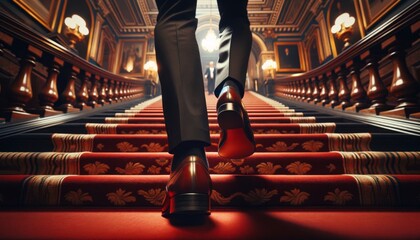 A person's feet in professional, polished dress shoes, ascending a grand, carpeted staircase within an elegant, historic building.