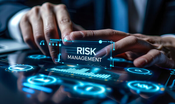 Risk Management Professional Strategically Navigating through Virtual Interface with Icons of Analysis, Forecast, and Mitigation