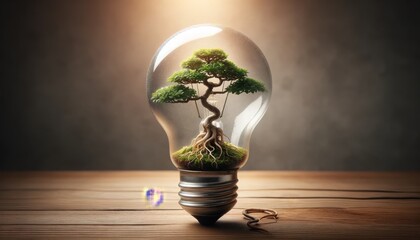 A small bonsai tree growing inside a hollow light bulb, roots entwined around the filament.