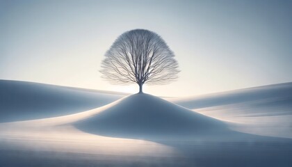 A minimalist scene of a single, bare tree on a snow-covered hill with soft, early morning light illuminating the scene. - obrazy, fototapety, plakaty