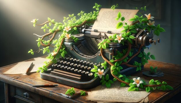 A flowering vine winding around an old-fashioned typewriter, with blooms emerging between the keys.