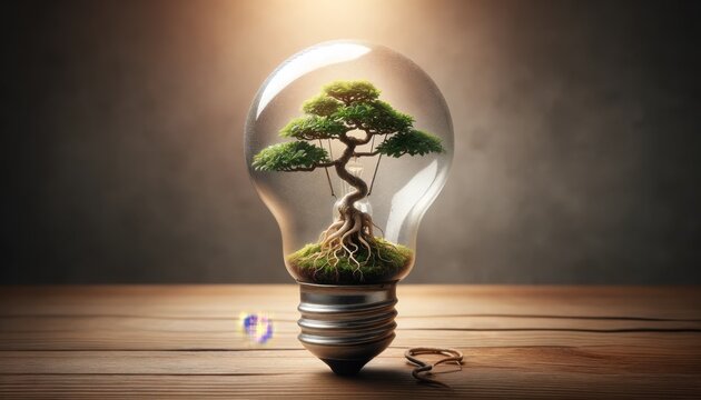 A small bonsai tree growing inside a hollow light bulb, roots entwined around the filament.