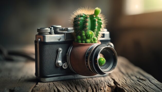 A cactus emerging from the top of a hollow vintage camera.