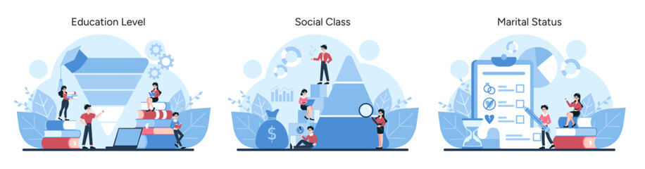 Showcases education, social class, and marital status as market categories