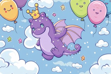Cartoon cute doodles of a purple monster with wings and a crown, flying through a sky filled with fluffy clouds and colorful balloons, Generative AI
