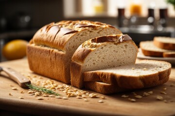 Homemade freshly baked bread on kitchen wooden table