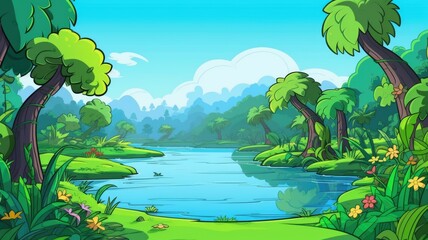 cartoon landscape with lush greenery and winding path