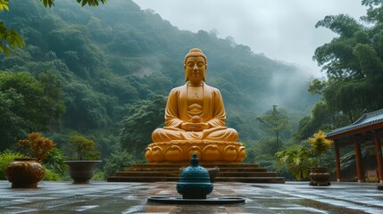 A large majestic golden Buddha statue sitting serenely as rain falls in a temple setting