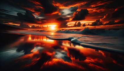 The reflection of a fiery sunset on the wet sand, with dark, rolling waves breaking softly in the background. - obrazy, fototapety, plakaty