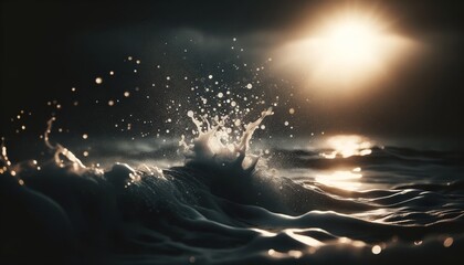 A detailed shot of sea spray and foam caught in mid-air, illuminated by the last rays of the sun, against a dark, blurred ocean background. - obrazy, fototapety, plakaty