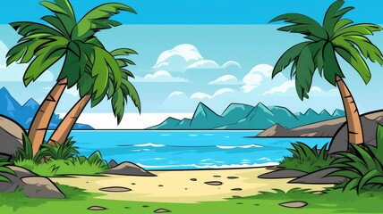 Fototapeta na wymiar cartoon tropical landscape, palm trees, clear skies, distant mountains