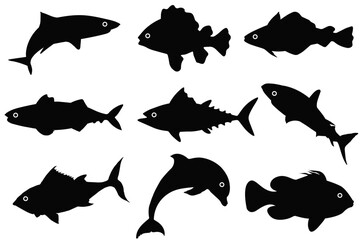 Top sea fish set, Black fish silhouettes, Shadowed waters,vector of black fish,Night swim,Top-rated set of black fish,Dark waters,Highly downloaded black fish Icon'