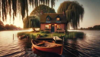 A small red brick cottage sits on a grassy knoll in the middle of a calm lake, with a wooden...