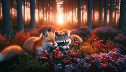 A picturesque and heartwarming image of a fox and a raccoon sharing berries from the same bush, set in a serene forest clearing.