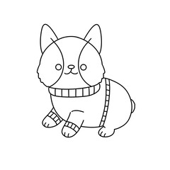 A cute little dog is wearing a sweater and sitting on a white background. The image has a warm and cozy feeling, as the dog is dressed in a sweater and he is enjoying its time