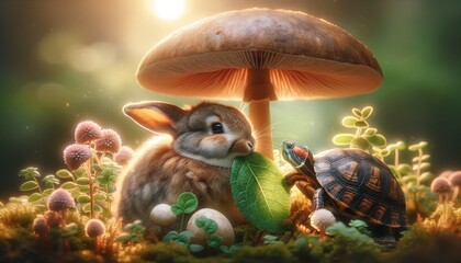 A heartwarming and detailed scene featuring a rabbit and a turtle sharing a leaf under the shelter of a large mushroom, signifying friendship and shar. - obrazy, fototapety, plakaty