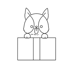 A cartoon cat is peeking out of a box. The cat is looking at the camera and has a tongue sticking out. The box is white and has a red ribbon tied around it