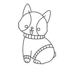 A cute cartoon cat is wearing a sweater and sitting on a white background. The cat has a tongue sticking out, which adds to its playful and adorable appearance