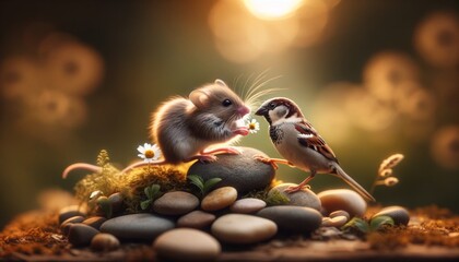 A detailed image capturing a tender interaction between animals, featuring a mouse offering a tiny flower to a sparrow.