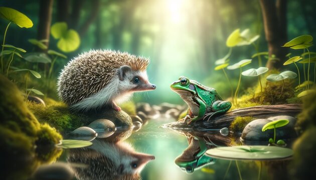 A charming and detailed image of a hedgehog and a frog staring at each other across a small, clear stream, surrounded by a lush environment.