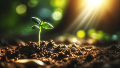 A sapling breaking through the soil in a sunlit clearing, symbolizing new growth and resilience, with a soft, natural background. - obrazy, fototapety, plakaty