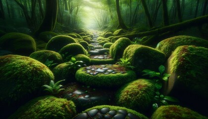 A series of stones covered in moss and small plants, forming a natural pathway leading deeper into a mystical forest.