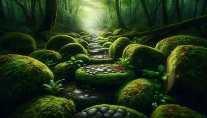  A series of stones covered in moss and small plants, forming a natural pathway leading deeper into a mystical forest. © FantasyLand86