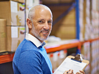 Senior, man and portrait in warehouse with clipboard for inventory, quality control and freight...